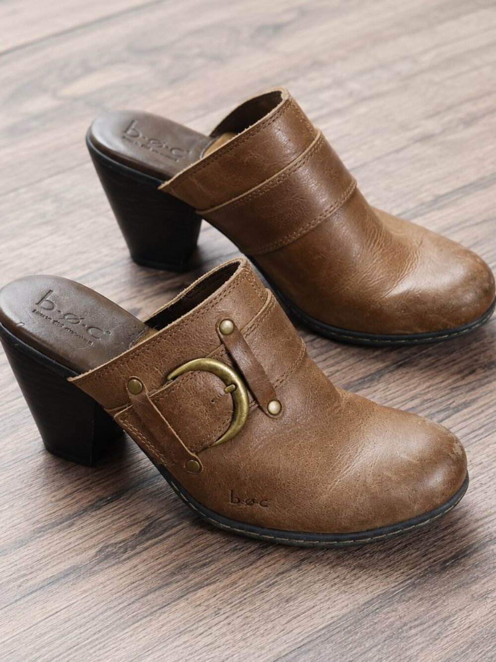 B.O.C. Leather Tan Brown Slip On Chunky Buckle Heel Mules Clogs